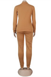 Khaki Fashion Casual Solid Basic Zipper Collar Long Sleeve Two Pieces