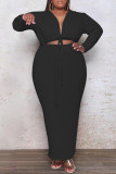 Black Fashion Casual Plus Size Solid Bandage Hollowed Out V Neck Long Sleeve Dresses