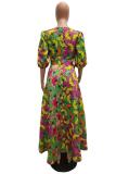 Green Fashion Sexy Cap Sleeve Half Sleeves V Neck A-Line Ankle-Length Print Patchwork African C