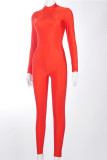 Red Fashion Solid Patchwork O Neck Regular Jumpsuits