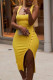 Yellow Sexy Solid Patchwork Asymmetrical U Neck Pencil Skirt Dresses