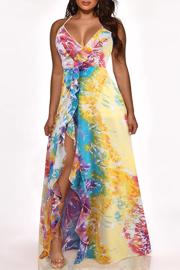 Purple Sexy Print Patchwork Spaghetti Strap Irregular Dress Dresses
