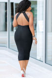 Black Sexy Fashion Tank Sleeveless O neck A-Line Knee-Length backless Patchwork diamonds chain