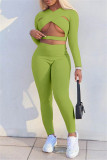 Khaki Fashion Sexy Solid Hollowed Out V Neck Long Sleeve Two Pieces