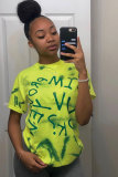 Green O Neck Short Sleeve Print Patchwork Tees & T-shirts