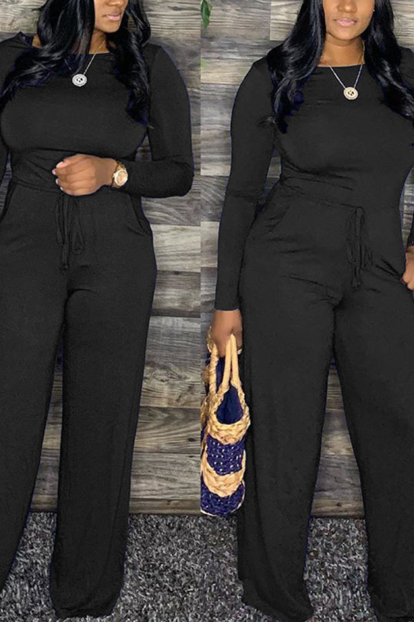 Black Sexy Solid Frenulum O Neck Straight Jumpsuits