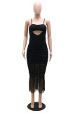 Black Sexy Solid Tassel Hollowed Out Backless Spaghetti Strap Sleeveless Dress