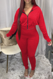 Red Sexy Solid Tassel Hooded Collar Long Sleeve Two Pieces