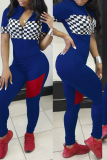 Blue Casual Plaid Patchwork Mandarin Collar Skinny Jumpsuits