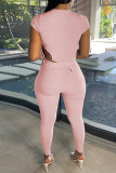 Pink Fashion Casual Solid Bandage Asymmetrical O Neck Short Sleeve Two Pieces
