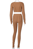 Brown Street Patchwork Hollowed Out See-through O Neck Long Sleeve Two Pieces