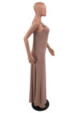 Coffee Sexy Casual Solid Basic V Neck Sling Dress