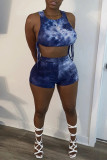Blue Fashion Casual Print Tie-dye O Neck Sleeveless Two Pieces