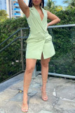 Mint green Fashion Casual Solid Basic Turndown Collar Sleeveless Dress