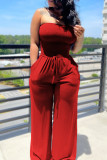 Tangerine Red Sexy Casual Solid Backless Strapless Regular Jumpsuits