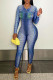 Blue Fashion Casual Print Basic O Neck Skinny Jumpsuits