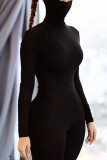 Black Casual Solid Split Joint O Neck Regular Jumpsuits