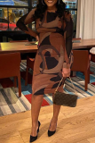 Brown Casual Print Patchwork O Neck Pencil Skirt Dresses