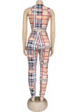 Brown Sexy Plaid Patchwork O Neck Sleeveless Two Pieces