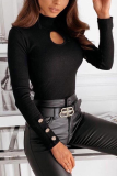 Black Sexy Solid Hollowed Out Half A Turtleneck Tops
