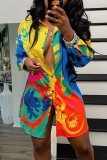 Yellow Red Street Print Patchwork Buckle Shirt Collar Tops