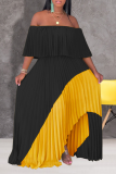 Yellow Sexy Patchwork Patchwork Off the Shoulder Cake Skirt Dresses