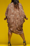 Brown Fashion Casual Leopard Printing V Neck Long Sleeve Dresses