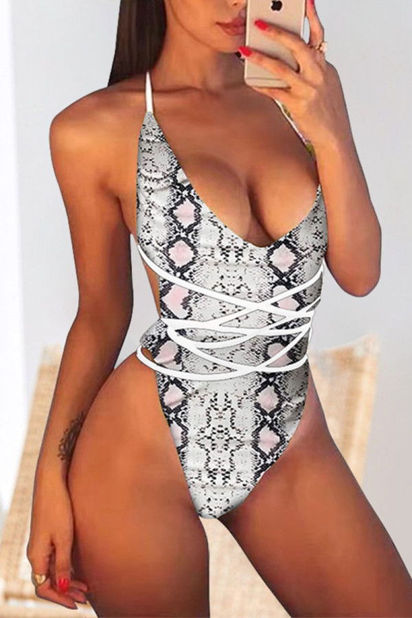 White Sexy Print Bandage Backless Swimwears