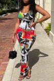 White Fashion Sexy Print Basic U Neck Vest Dress