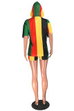 Multicolor Fashion Casual Print Basic Hooded Collar Short Sleeve Two Pieces