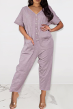 Purple Casual Solid Split Joint V Neck Loose Jumpsuits