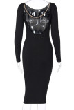 Black Sexy Solid Chains Backless Boat Neck Straight Dresses