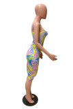 Yellow Fashion Sexy Print Backless Spaghetti Strap Irregular Dress