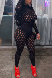 Red Fashion Sexy Solid Hollowed Out See-through Turtleneck Long Sleeve Two Pieces