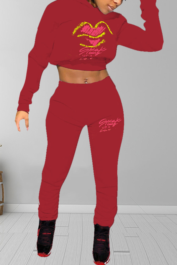 Red Sexy Print Letter Hooded Collar Long Sleeve Two Pieces