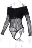 Black Sexy Solid See-through Mesh Off the Shoulder Regular Bodysuits