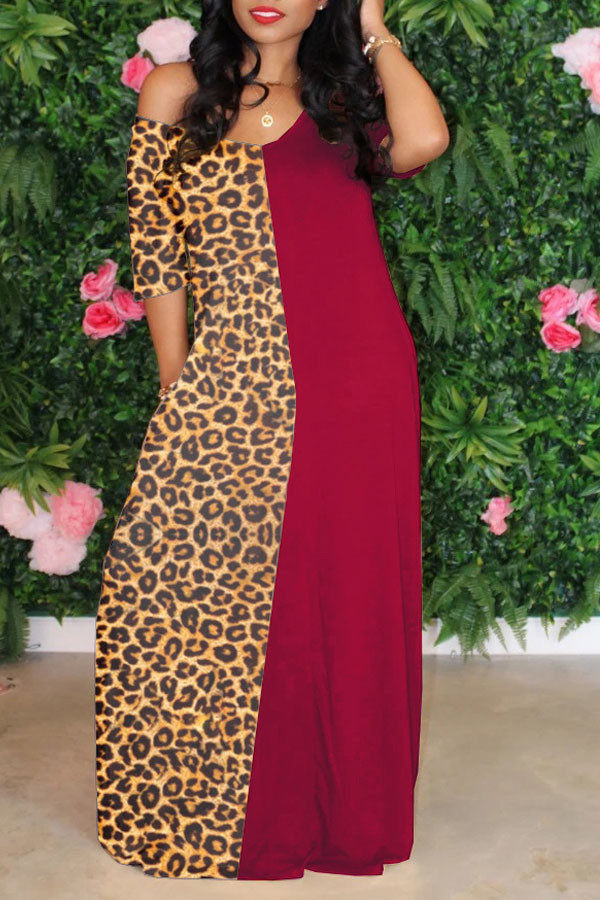 Red Casual Short Sleeves V Neck Swagger Floor-Length Print Patchwork Leopard Dresses