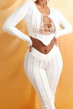 Brown Street Patchwork Hollowed Out See-through O Neck Long Sleeve Two Pieces