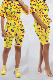 Yellow Casual Butterfly Print Patchwork O Neck Short Sleeve Two Pieces