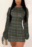 Green Fashion Sexy Casual Daily Linen Plaid Patchwork Print Split Joint Draw String Fold Basic O Neck Long Sleeve Mini A Line Dresses
