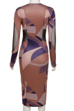 Brown Casual Print Patchwork O Neck Pencil Skirt Dresses