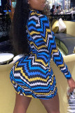 Blue Sexy Striped Half A Turtleneck Wrapped Skirt Dresses