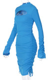 Blue Sexy Solid Hollowed Out Draw String Frenulum O Neck Straight Dresses