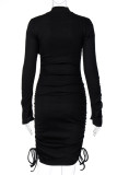 Black Sexy Solid Hollowed Out Draw String Frenulum O Neck Straight Dresses