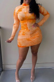 Orange Fashion Sexy Print Tie-dye Fold Half A Turtleneck Long Sleeve Dresses
