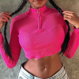 Rose Red Fashion Casual Solid Basic Zipper Collar Tops