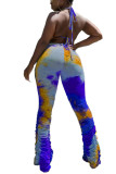 blue and yellow Fashion Sexy adult Ma'am Print Tie Dye Draped Two Piece Suits Straight Sleeveless Two Pieces