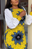 Yellow Fashion Casual Print Split Joint O Neck Long Sleeve Dress