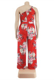 Red Fashion Casual Print Backless One Shoulder Regular Jumpsuits