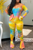 Multicolor Casual Patchwork Tie-dye Bateau Neck Boot Cut Jumpsuits